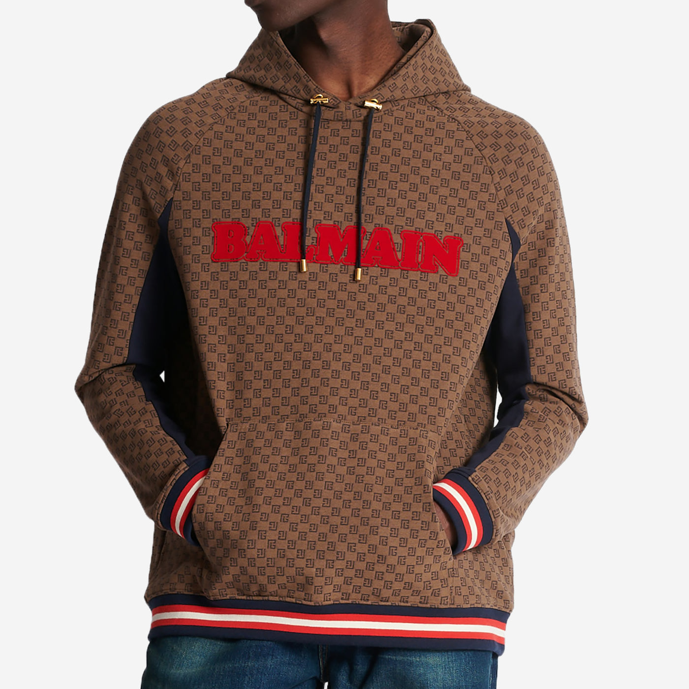 Balmain Mini Monogram Jacquard Hoodie in Brown for Men
