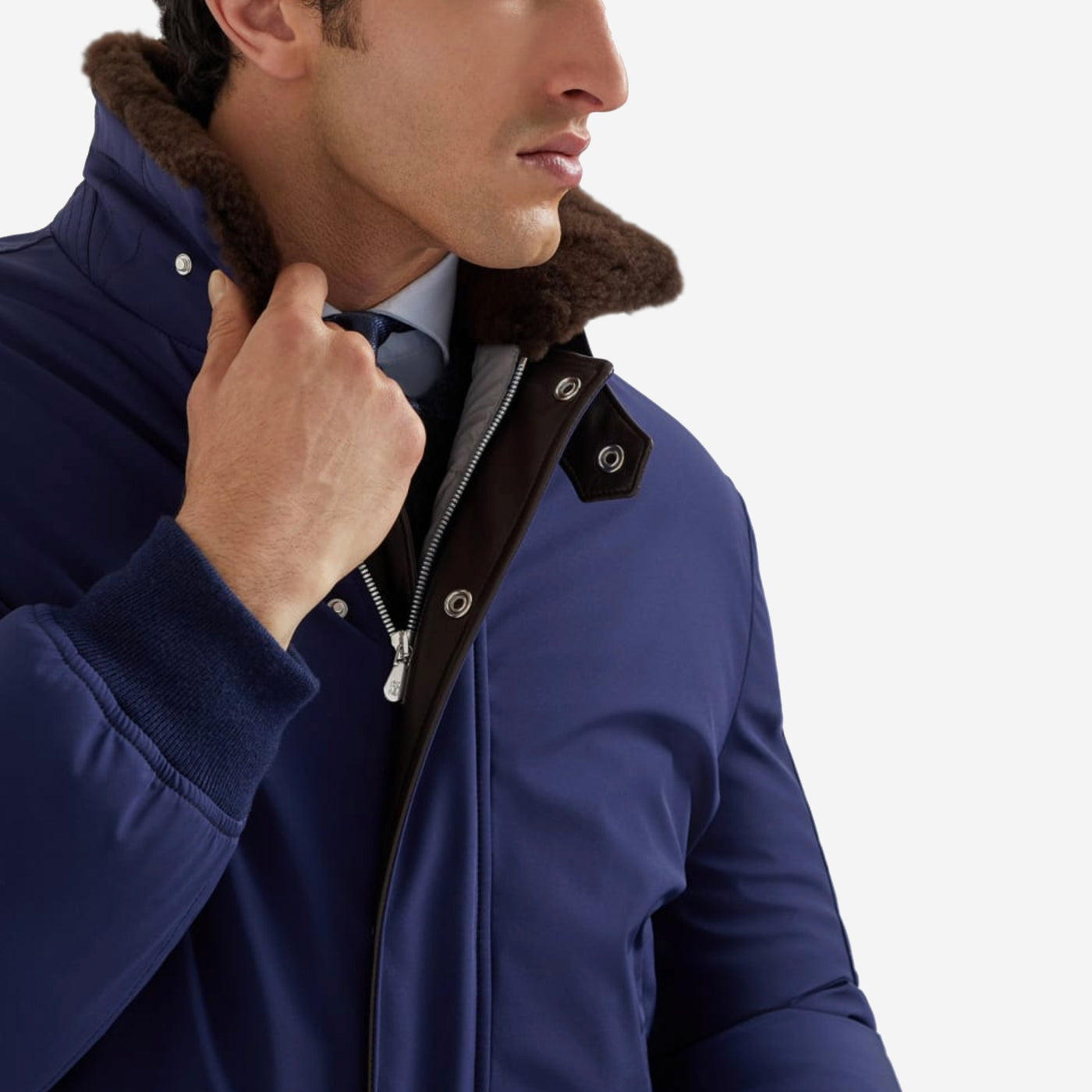 Brunello Cucinelli Stretch Bonded Nylon Down Shearling-Lined Collar Jacket