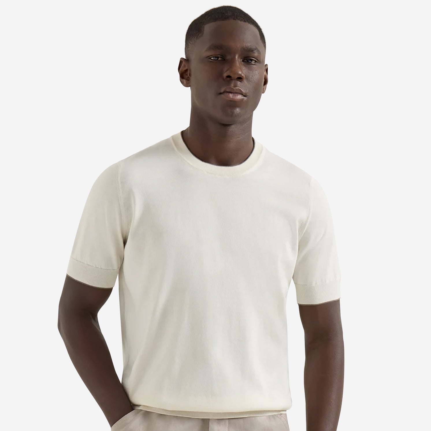 Brunello Cucinelli Cotton Lightweight Knit Contrast Detail T-Shirt