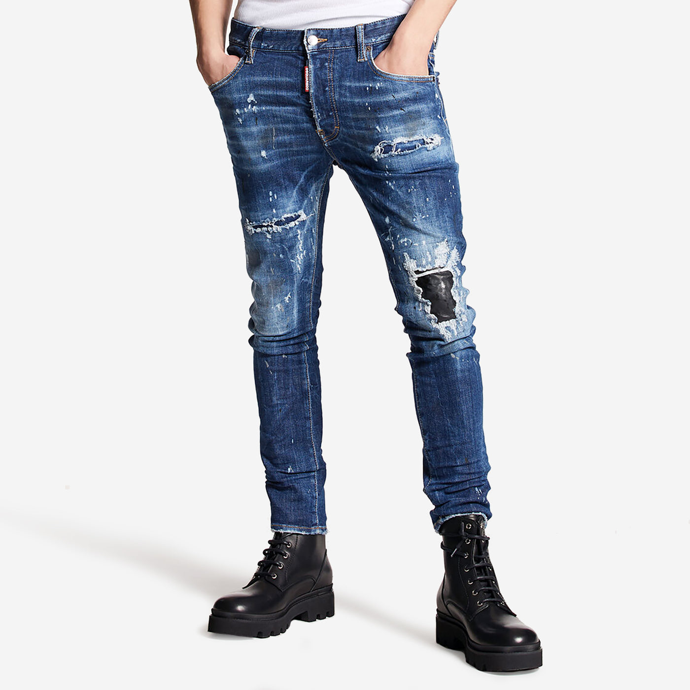 DSquared2 Dark Ripped Leather Patch Wash Super Twinky Jeans