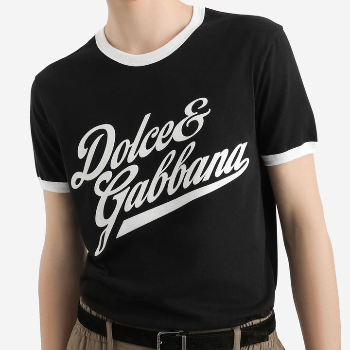 【関税＆送料込み】Dolce & Gabbana Flock Print T-Shirt Jersey T-shirt with flocked logo print in Black for Women