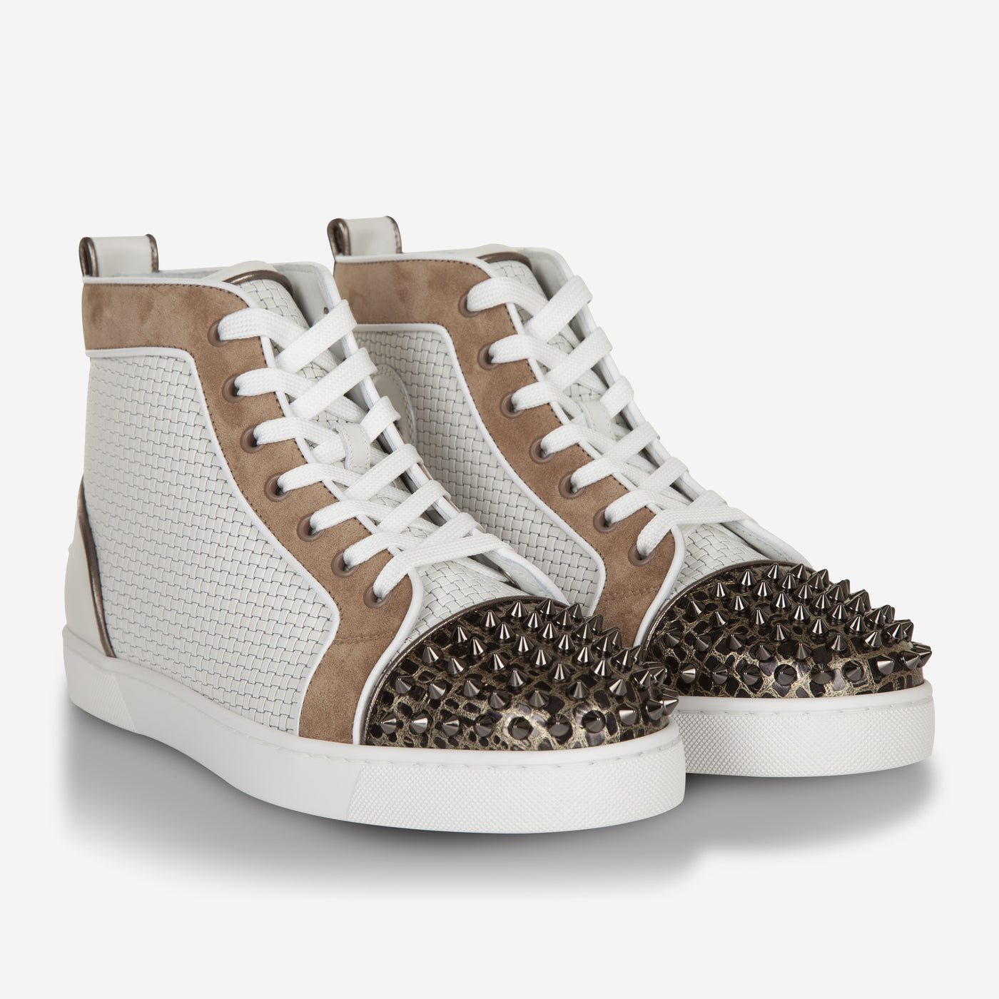 Christian Louboutin Gold/White Leather Louis Spikes High Top