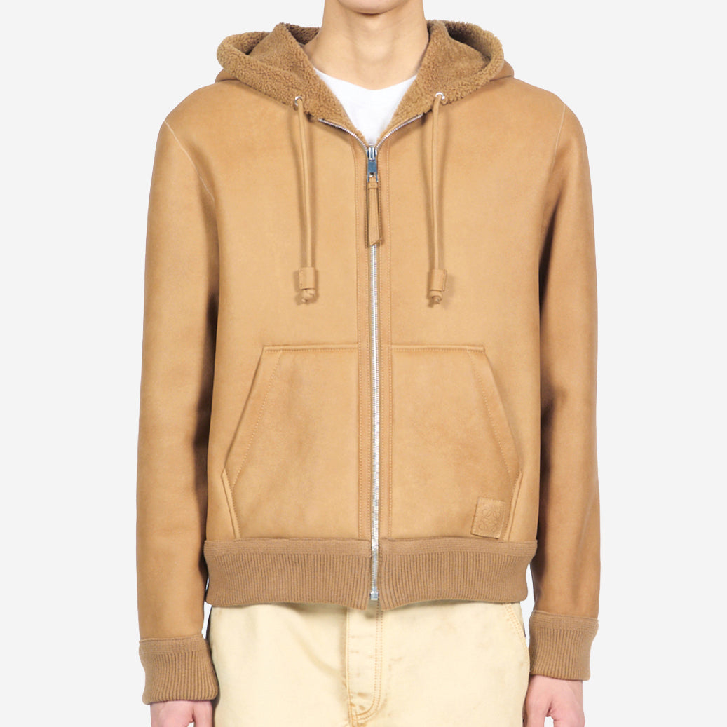 Loewe Shealing Leather Embroidered Logo Hooded Jacket