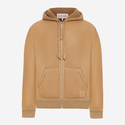 Loewe Shealing Leather Embroidered Logo Hooded Jacket