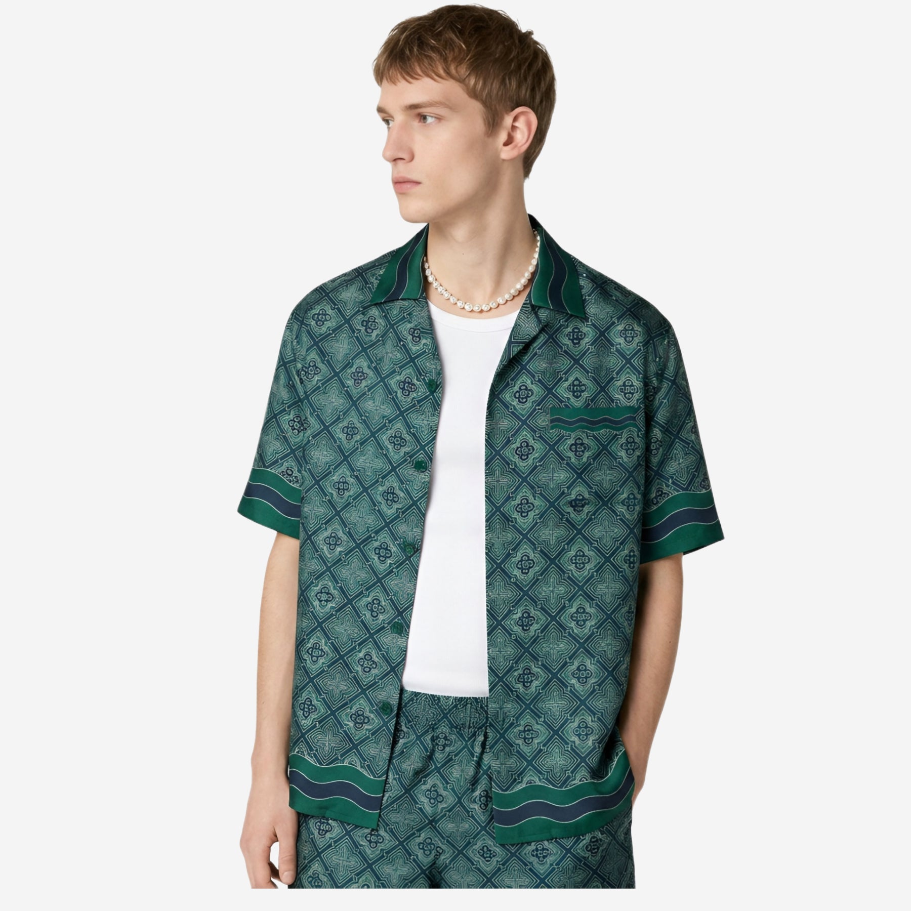 Casablanca Radiating Monogram Cuban Collar Silk Shirt